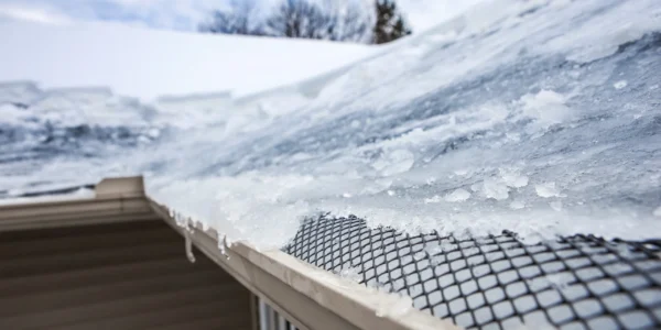 Dique de hielo en el canalón y hielo congelado en el tejado en invierno
