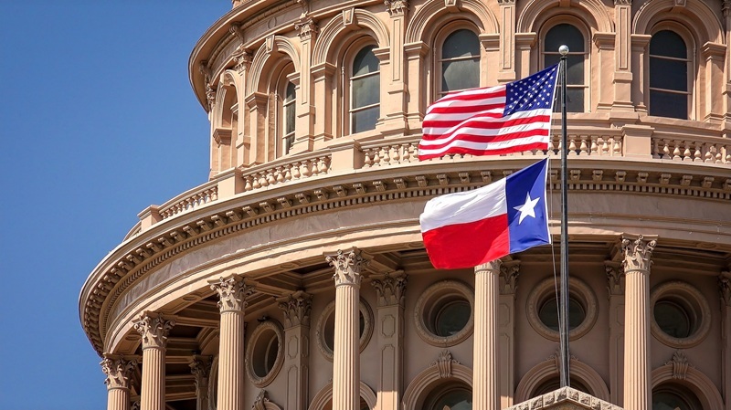 Texas Capitol building with American and Texas state flag 