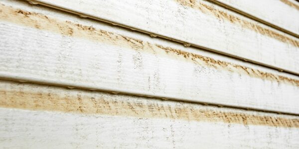 Dirty vinyl siding with stains of dust and water.