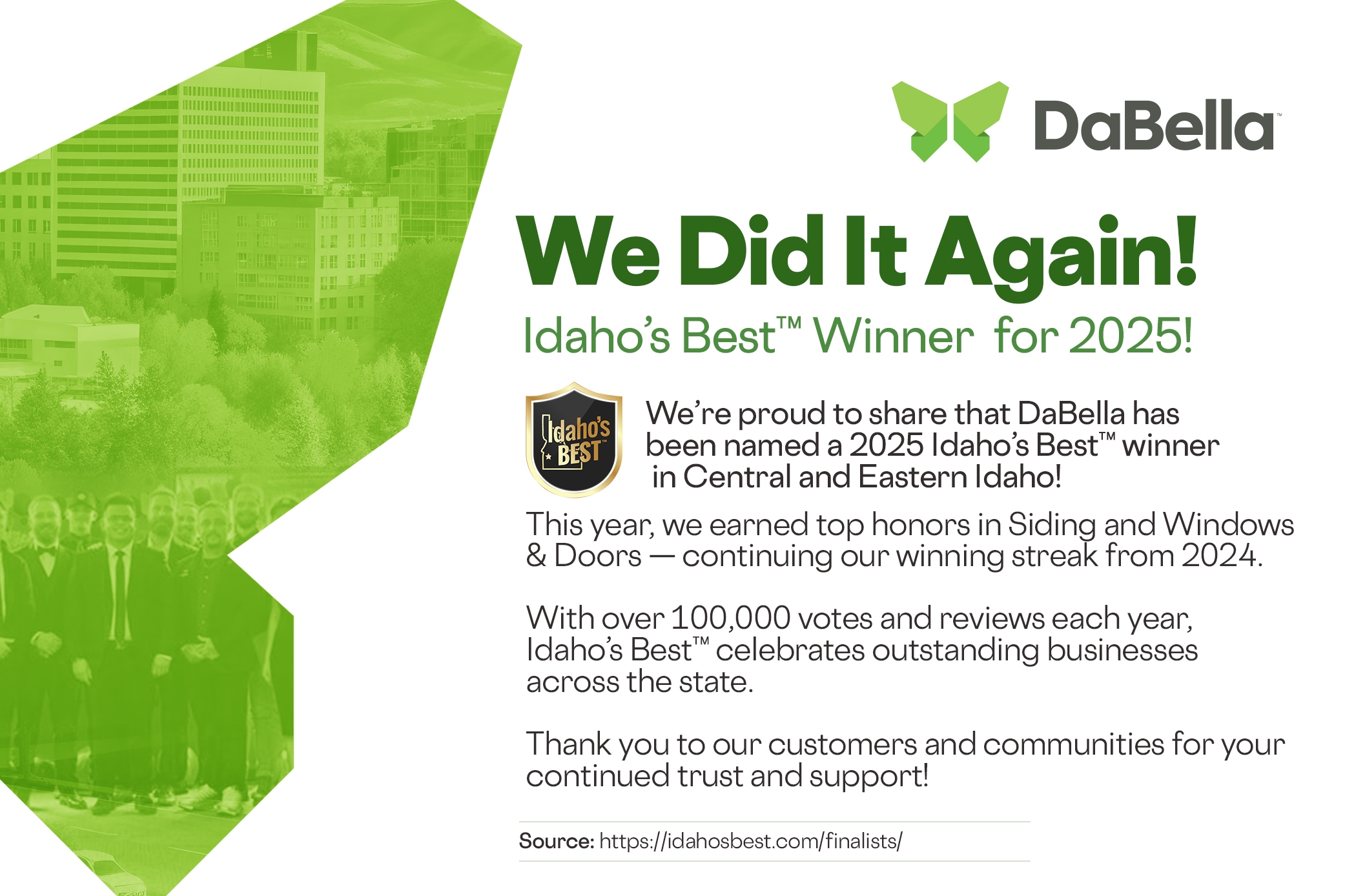 DaBella Named Idaho’s Best 2025 Top Siding & Window Contractor