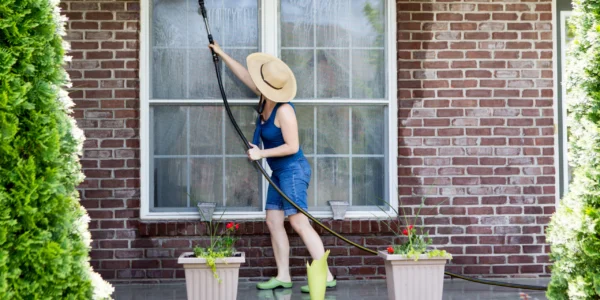 Woman doing her spring cleaning and washing windows