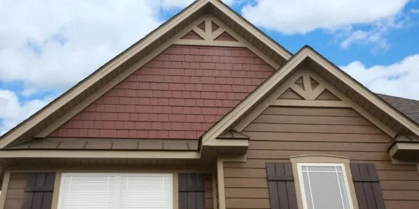 Revestimiento Hardie Lap® de James Hardie® con acabado «Timber Bark», tejas «Country Lane Red» de borde recto, molduras en tono «Autumn Tan»