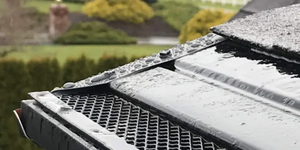 Premier Gutters and gutter covers with a roof in the background and a front driveway.