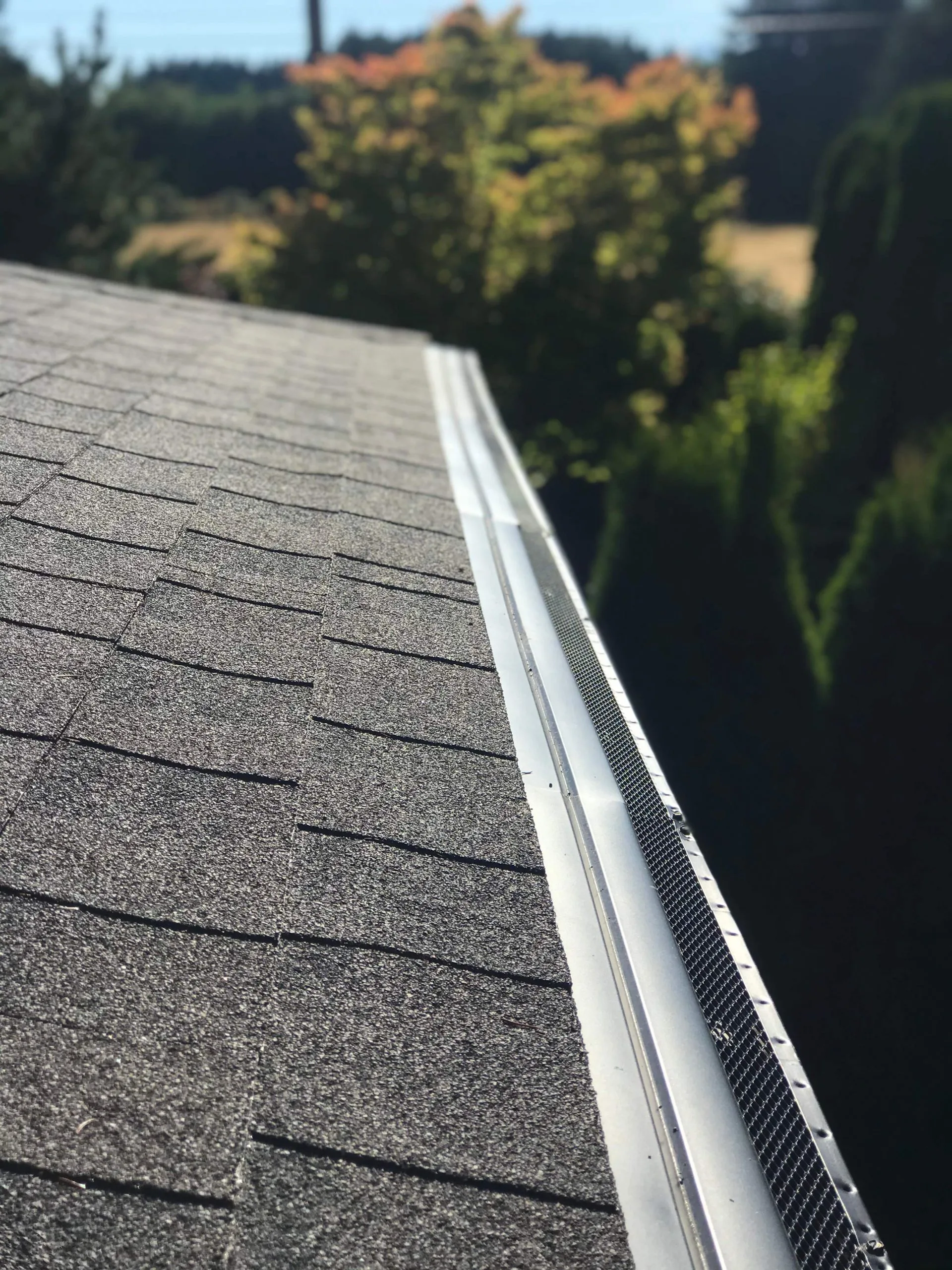 Premier gutters and gutter covers attached to an Asphalt shingle roof.
