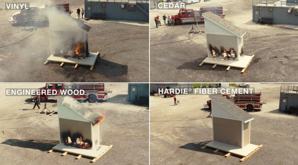 Demonstration taken to display how James Hardie fiber cement can resist fire far more than vinyl, cedar and engineered wood. 