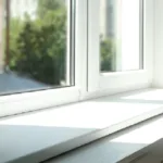 White framed vinyl window with a window sill.