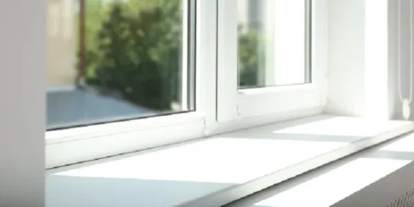 White framed vinyl window with a window sill.