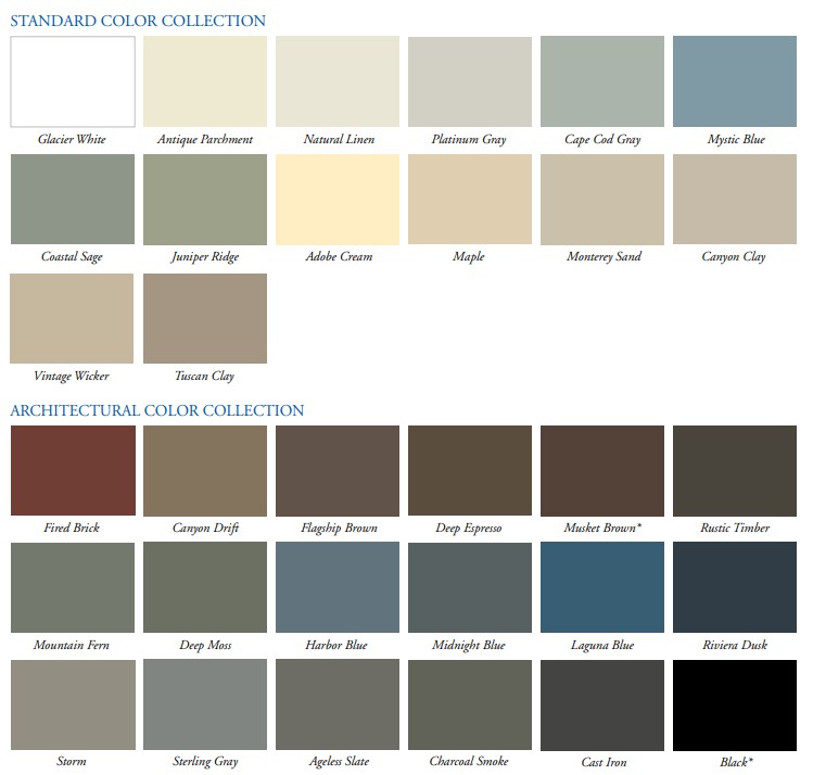 Alside vinyl siding colors to choose from including their Standard Colors and Architectural Color Collection.